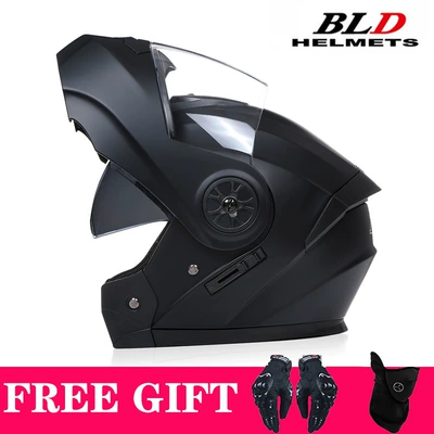 Bld Wholesale Motorcycle Full-Face Helmets, Electric Vehicle Helmets, Dual-Lens Flip-Up Helmets, Riding Half Helmets, Exclusively for Cross-Border Sales (Motosiklet kaskı (dəbilqə)) - matt-black-transparent-lens-comes-with-mask-gloves-s55-56