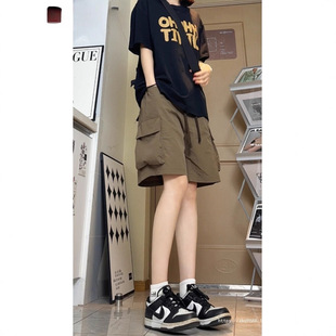 Ge Hua Coffee Ice Silk Quick-Dry Cargo Shorts for Women, Trendy American Style Couple Sun-Protective Mid-Length Shorts, Plus-Size Five-Point Pants for Summer