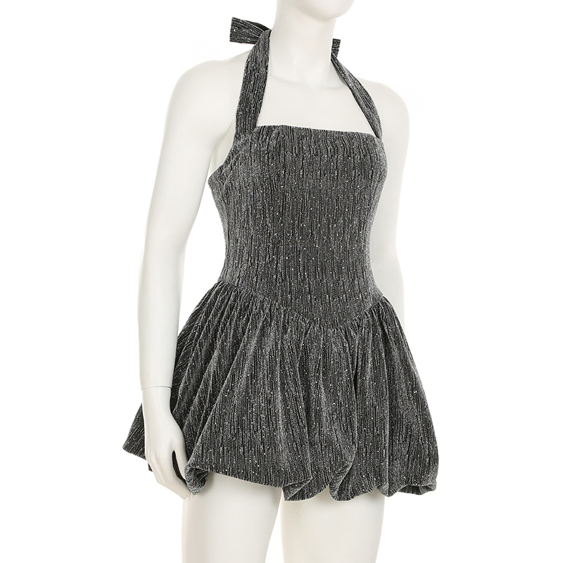 Bright Silk Thin Glittering Halter Dress Tube Top Cinched Waist A line Puffy Puffy dress