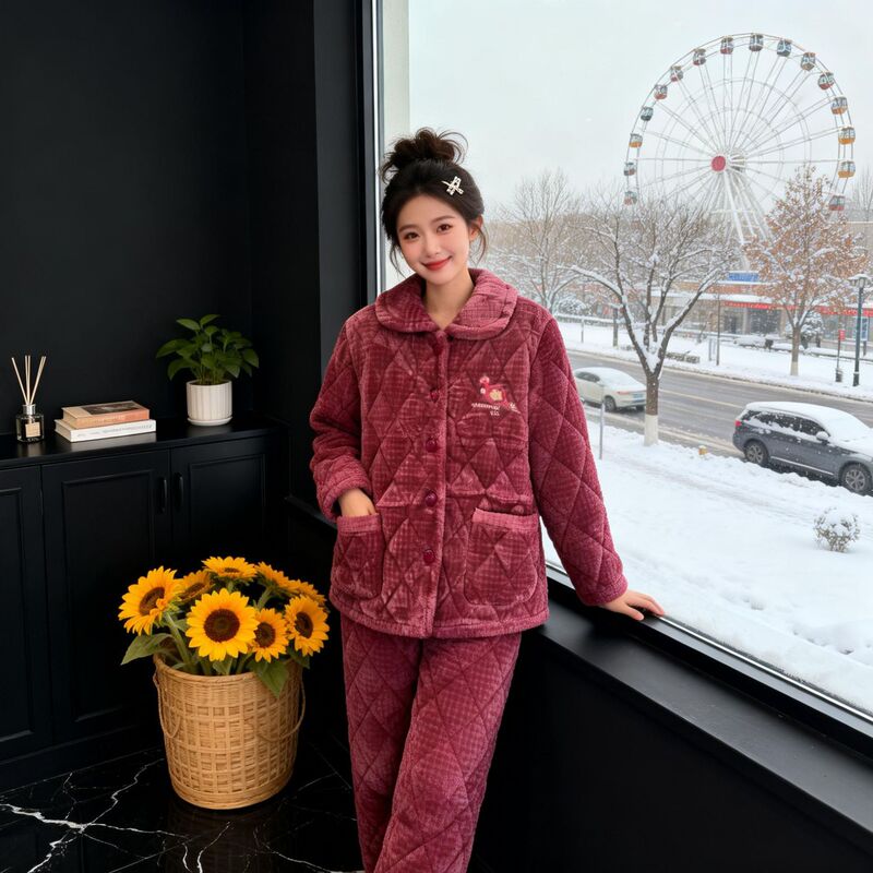 Winter Flannel Three-Layer Quilted Cotton Pajamas for Women, Loose and Warm, Zippered Style, Mom-Style Loungewear Set (Blue)