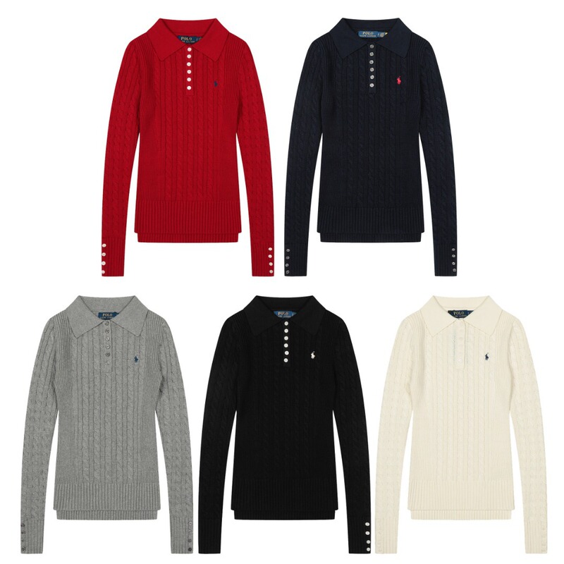拉夫劳伦 Ralph Lauren 翻领麻花纯色基础小马刺绣logo女神款毛衣|undefined