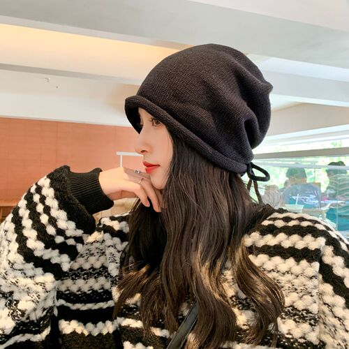 Korean style large head circumference drawstring knitted pile hat for women curled pullover cold hat showing face small Baotou confinement hat