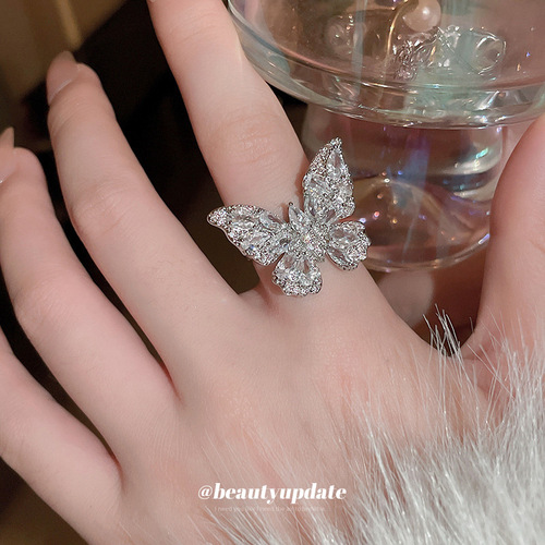 Super fairy luxury zircon butterfly open ring European and American light luxury trendy index finger ring niche high-end versatile hand jewelry