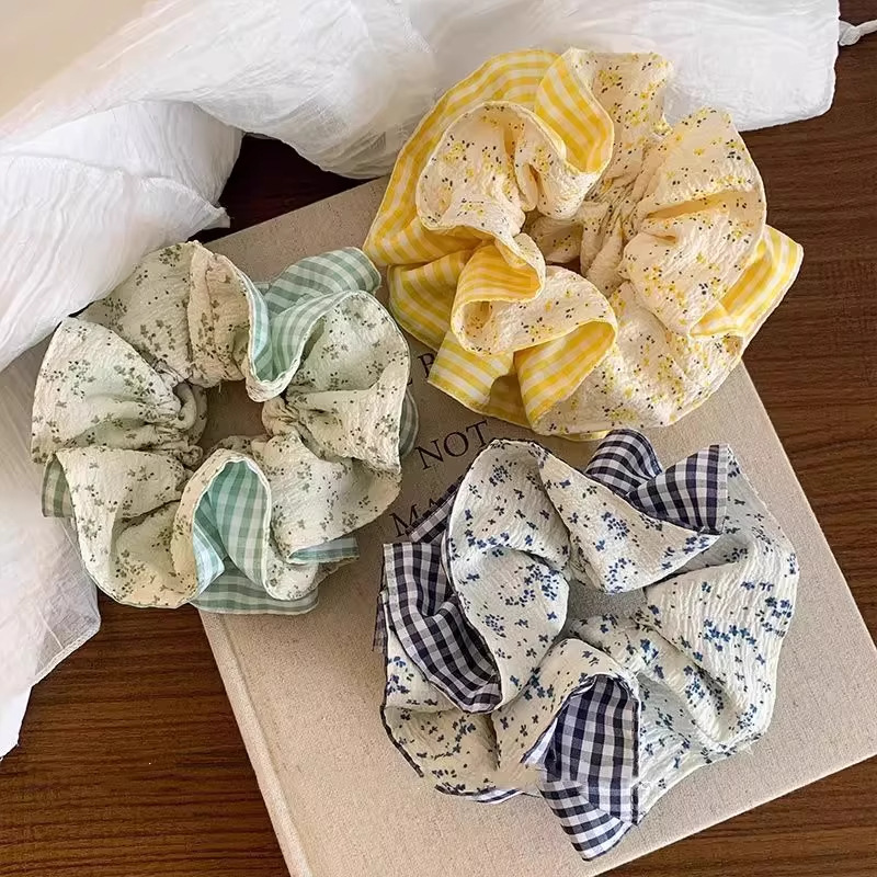 韓国の青いチェック柄の花柄ヘアゴム、女性用、高級、レイジースタイルのヘアロープ、ボールヘッド、大きな多用途の帽子|undefined