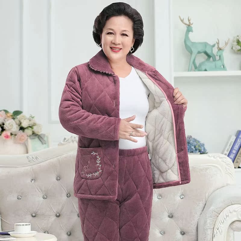 跨境家居夹家居服老年妈妈珊瑚绒女中老年人睡衣加秋冬加厚冬季三