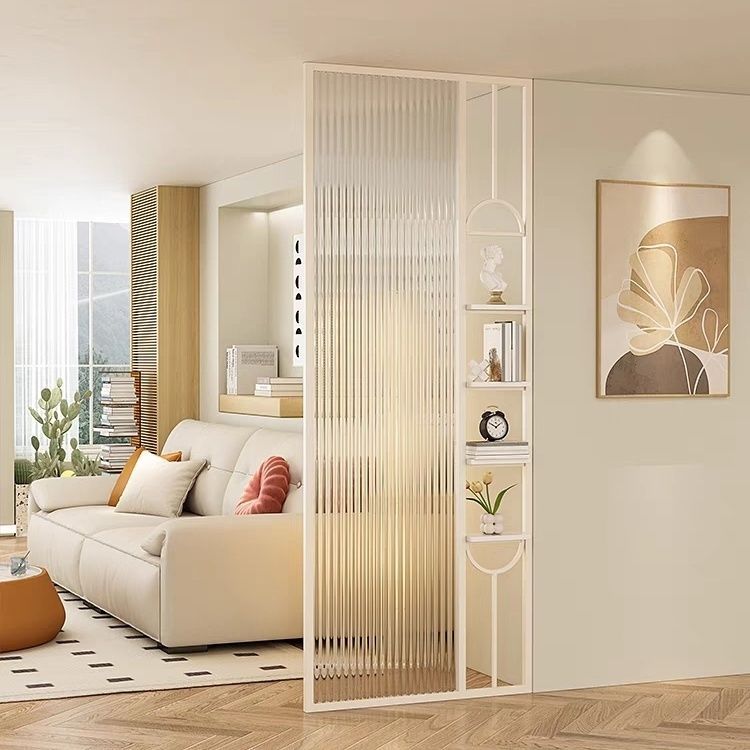 Cream-Colored Minimalist Glass Screen Partition for Living Room, Entryway, Sofa, and Bathroom