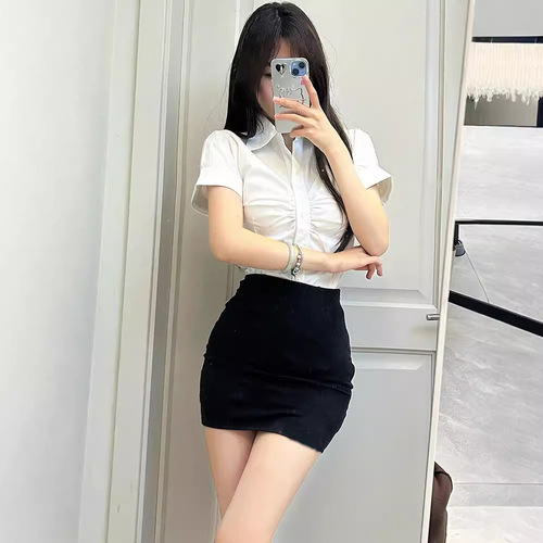 Large size professional women's skirt suit summer sexy pure slim shirt high waist slim hip short skirt two-piece set