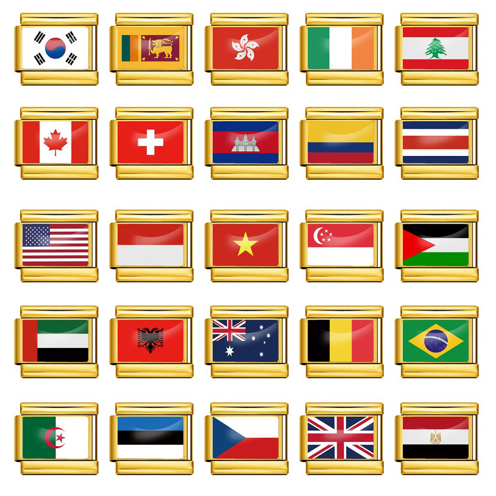 金底世界国旗款意大利模块手链 DIY不锈钢弹力带链表相片滴胶手环