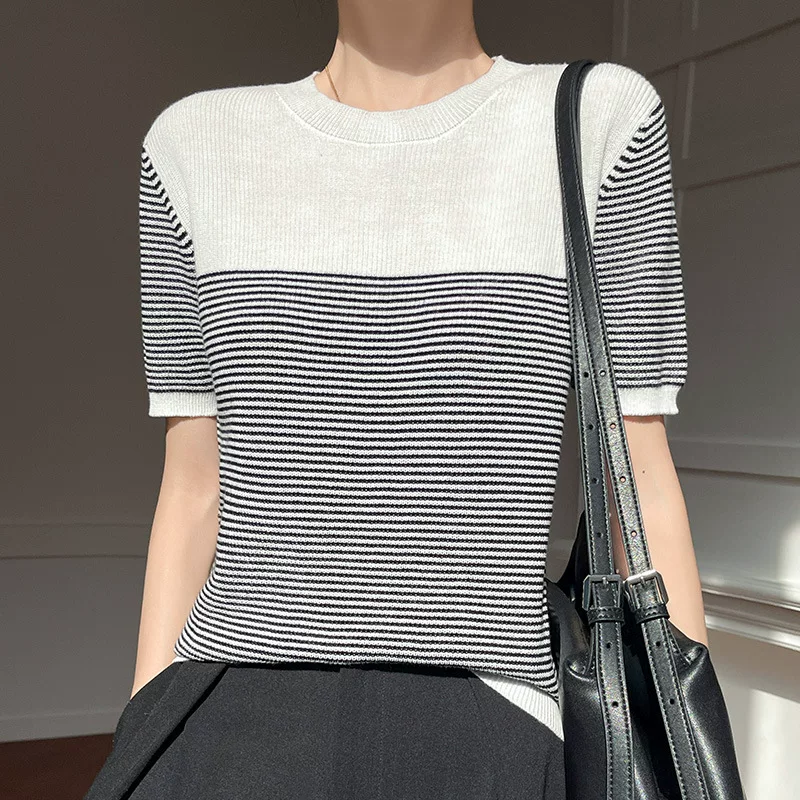 Summer retro knitted sweater, thin base T-shirt, oversize
