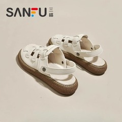 Sanfu 本革つま先サンダル女性のための 2025 新しい夏のアウターウェア 2 層厚底ハーフスリッパビーチローマンシューズ