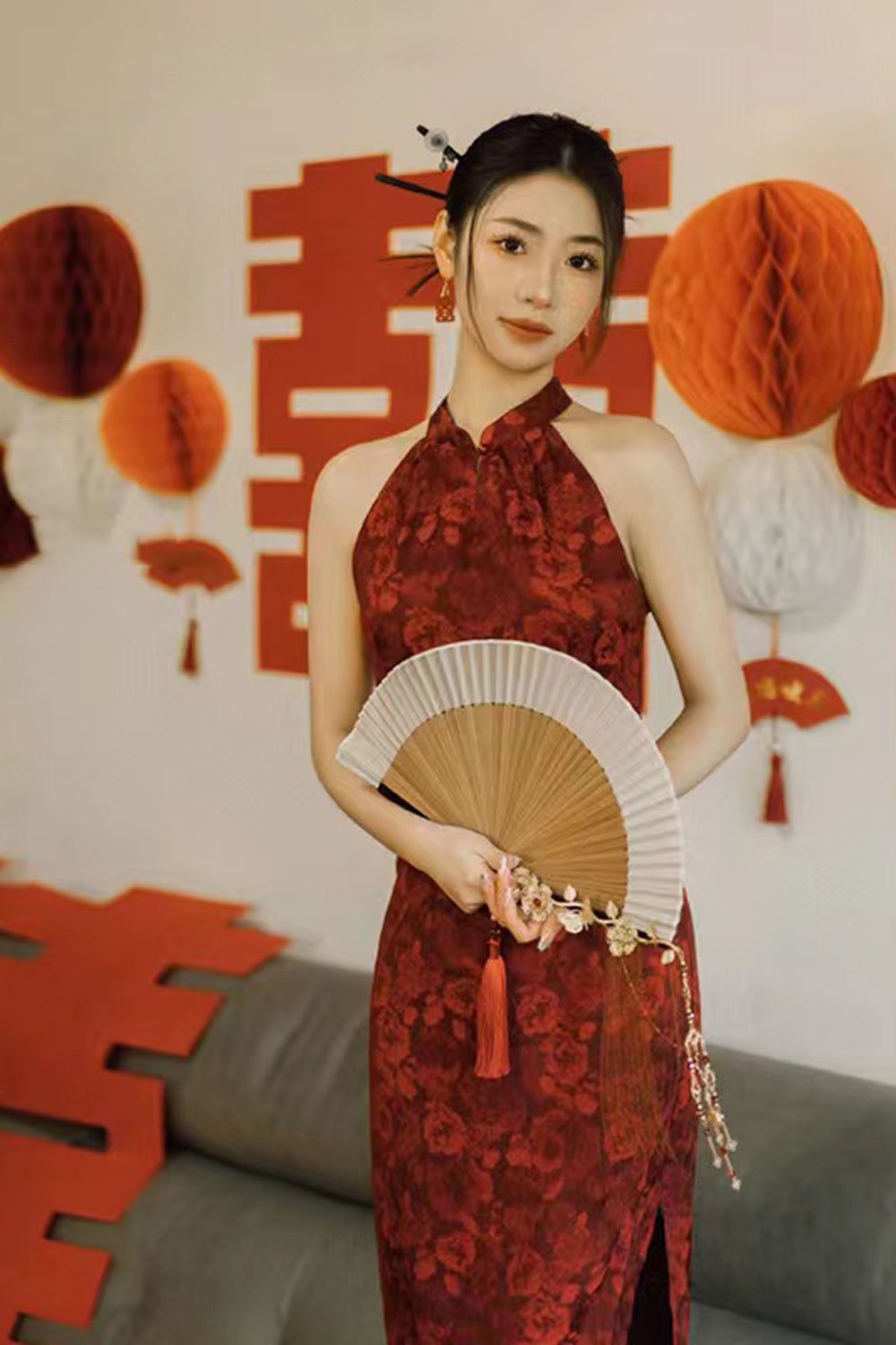 新中式小众旗袍新娘结婚敬酒服订婚礼服玫瑰暗纹酒红色印花连衣裙
