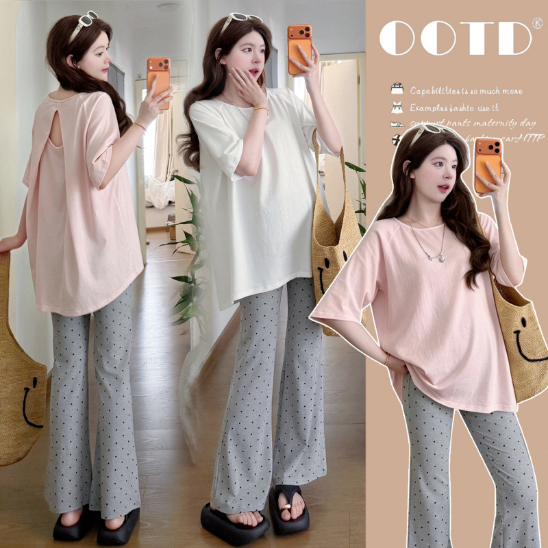 In Stock: Maternity Summer Outfit Set 2026 New Style Pure Cotton Long Top + Nine-Point Polka Dot Pants Maternity Set
