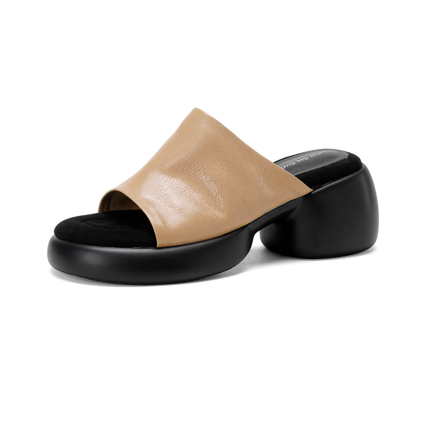 Dép lê nữ da cừu đế dày 7 cm, sandal hở mũi tăng chiều cao — đen