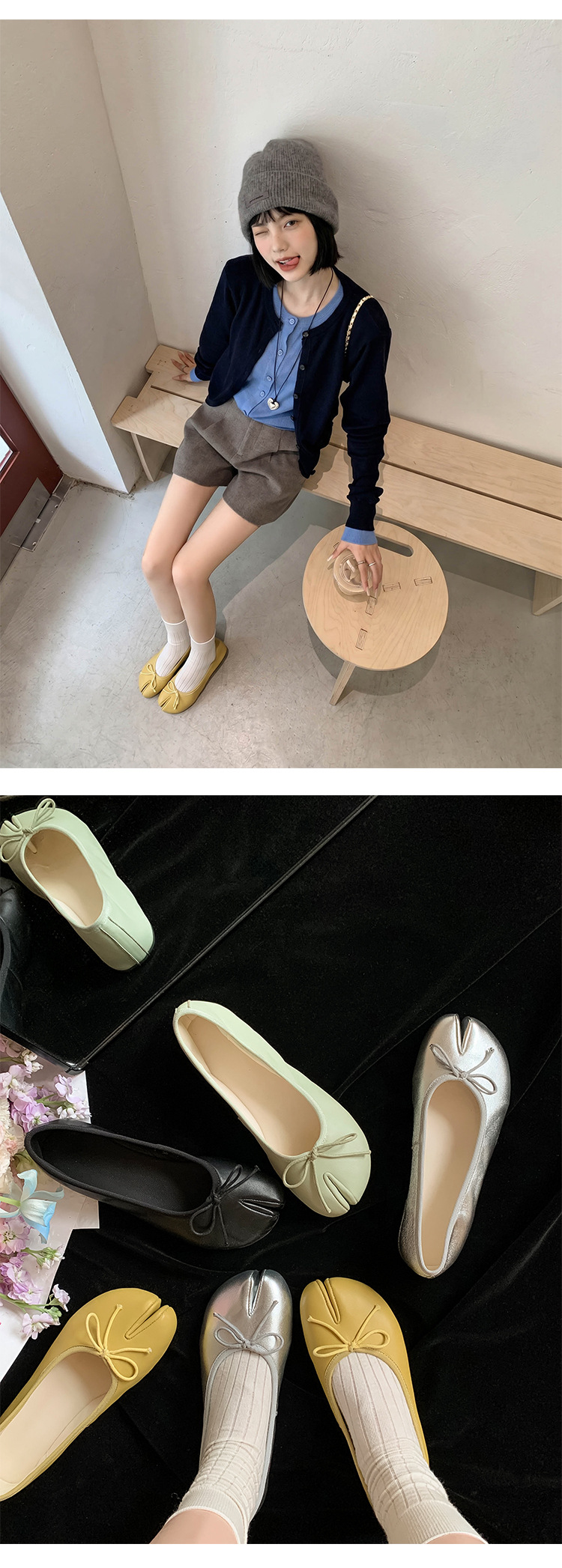 Giày ballet nữ da cừu mũi tròn nơ bướm đế bệt mềm mại — đen chi tiết 7