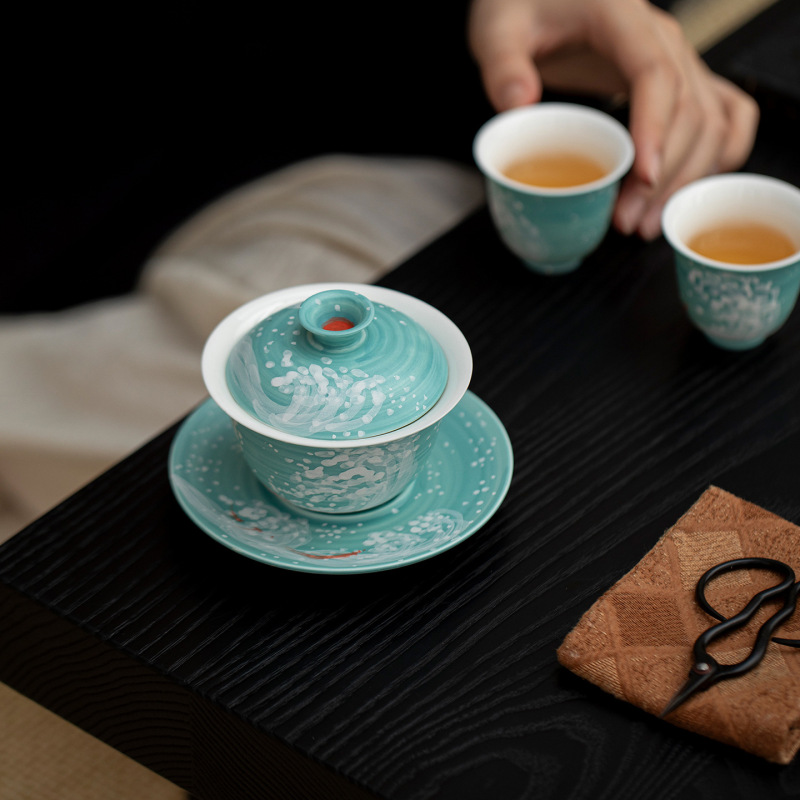墨己万物可爱日式手绘湖蓝鲤浪粉引茶具套组功夫茶具家用礼盒整套|undefined
