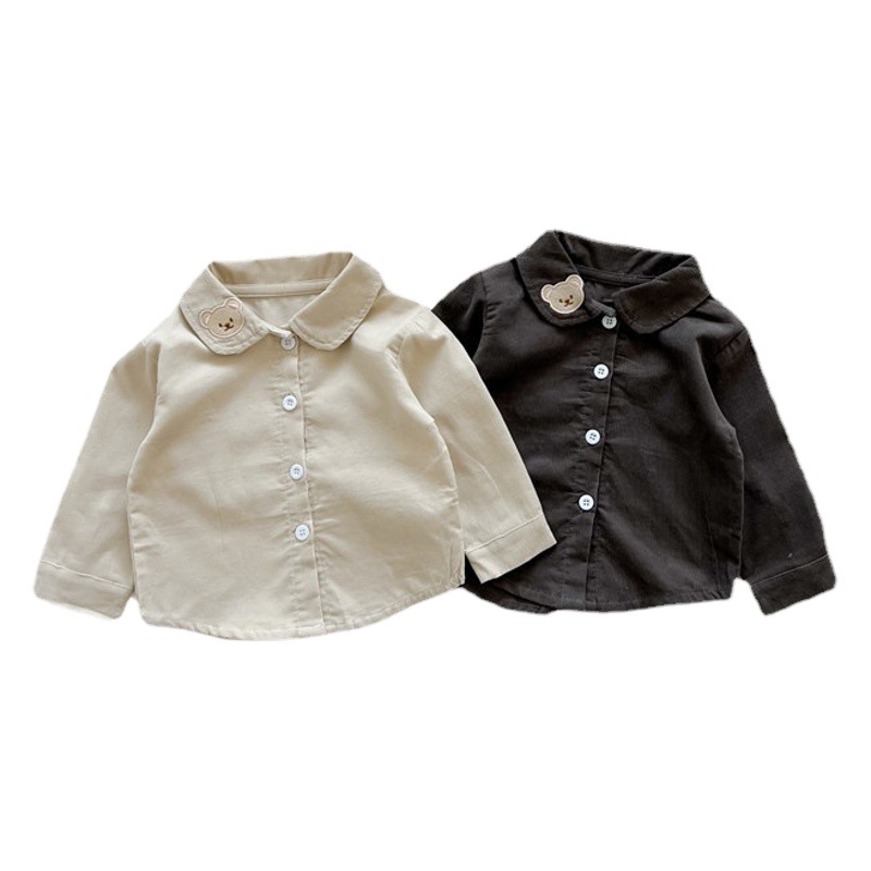 Primavera y otoño ropa niños y niñas camisa oso bordado coreano simple libro pana manga larga guapo top