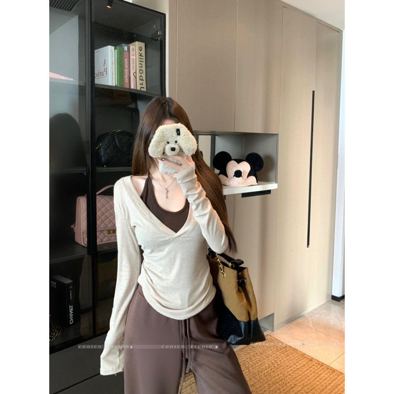 大码女装秋季新款韩系撞色挂脖假两件长袖T恤收腰显瘦上衣|undefined