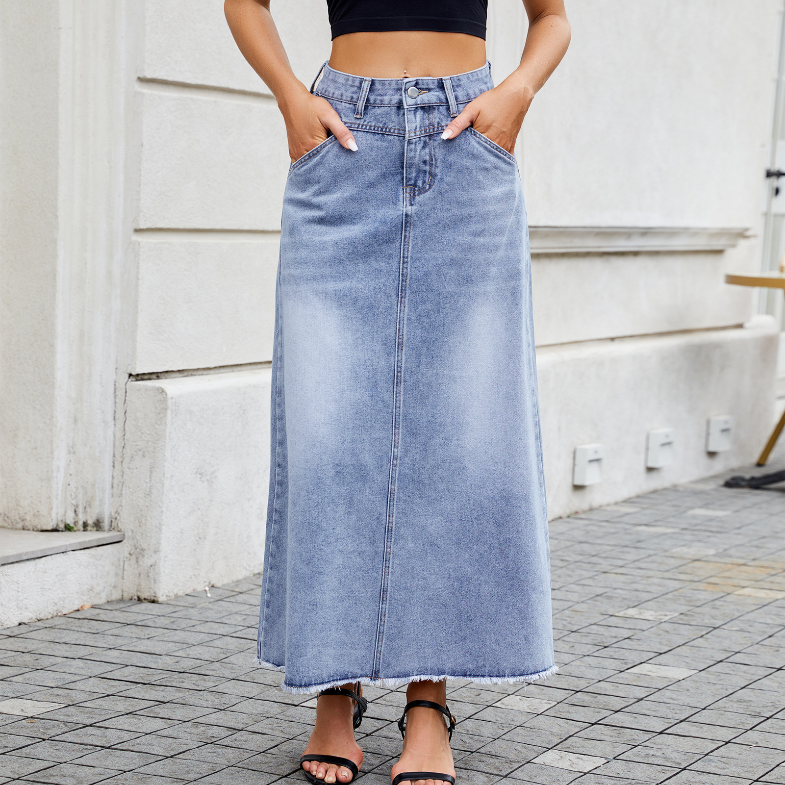 (Cross-border trading), summer fashionable denim skirt, pleated skirt, long skirt, city style, high waist, loose fit