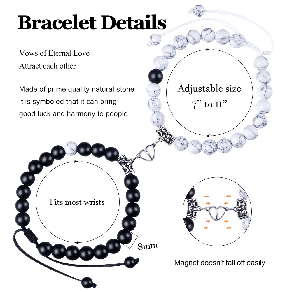 19g Weight Bracelets Classification 2 Pieces Quantity Holiday, Daily Occasion Natural Stone Alloy Magnet Material Heart Shape Pattern Unisex Gender Beaded, Knitting Design Simple Style, Classic Style Style Simple Style Classic Style Heart Shape Natural Stone Alloy Magnet Bracelets In Bulk 1