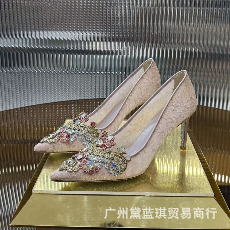 rc宝石尖头高跟鞋女真皮气质后绊带网纱单鞋细跟浅口秀禾伴娘婚鞋|undefined