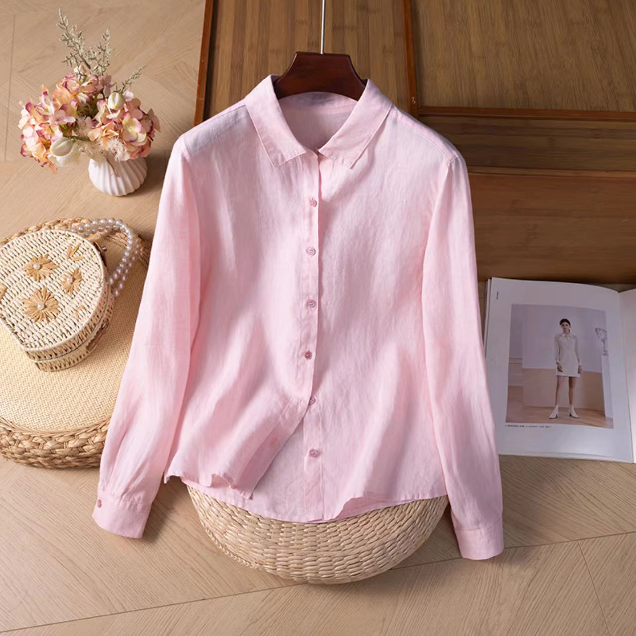 2025 Spring and Autumn New Loose Artistic Top Pink Long Sleeve Shirt Women's New Casual Easiest for Match Long Sleeve 2418