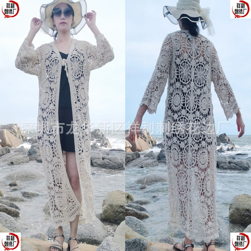 Cross-border Bohemian Style Hollow-out Knitted Button Coarse Cotton Embroidered Cardigan Beach Long Sunscreen Shirt