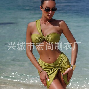 Bikini Russia 2025 Bikini 3-Piece European and American Big-Name Visual Swimsuit with Pleated Skirt Swimsuit