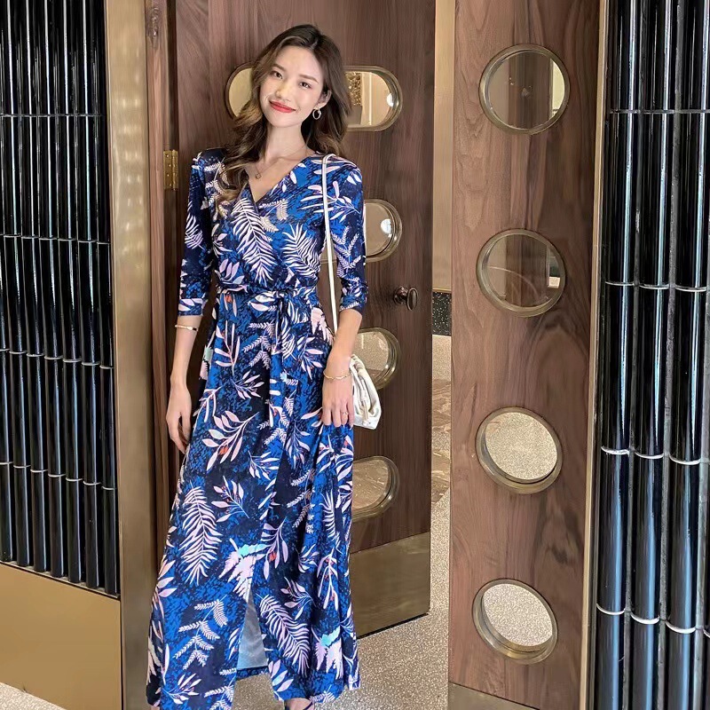 2022 Summer New Vacation V-Neck Maple Leaf Printed One-piece Wrap Split Elegant Dress 50207