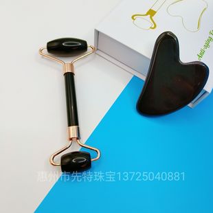 Factory wholesale obsidian natural jade scraping tablets double head roller massager set obsidian roller