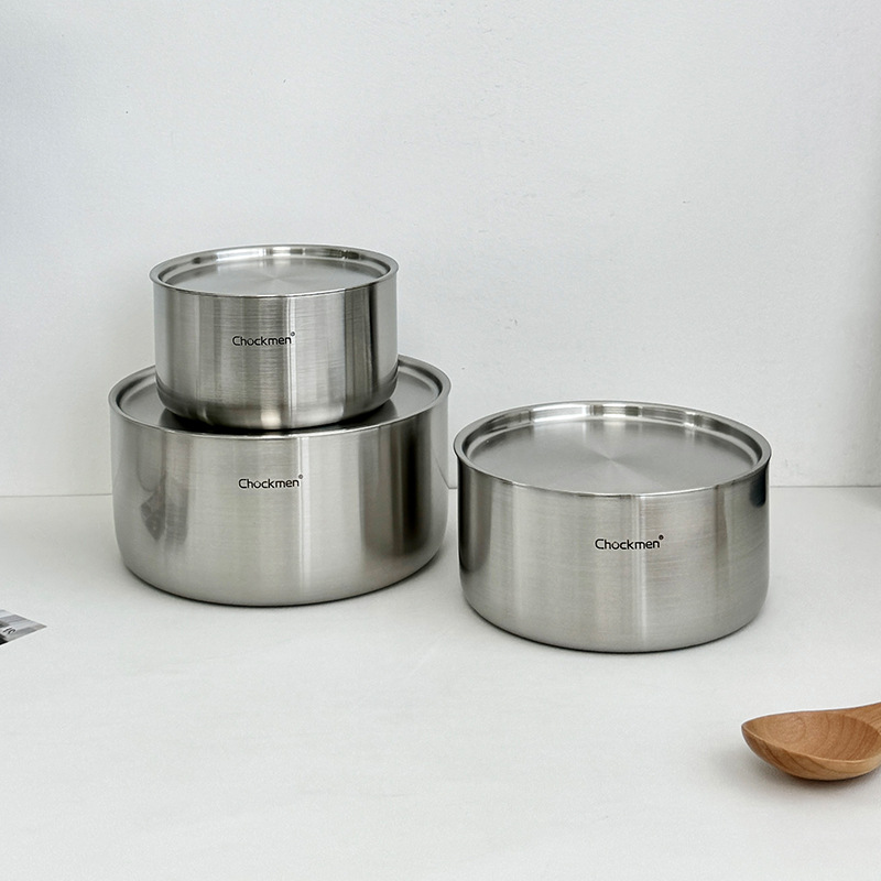 18 / 10 acero inoxidable con cubierta de cuenco de huevo al vapor, condimento de fondo plano, cuenco grueso para niños, cuenco al vapor de sopa al vapor