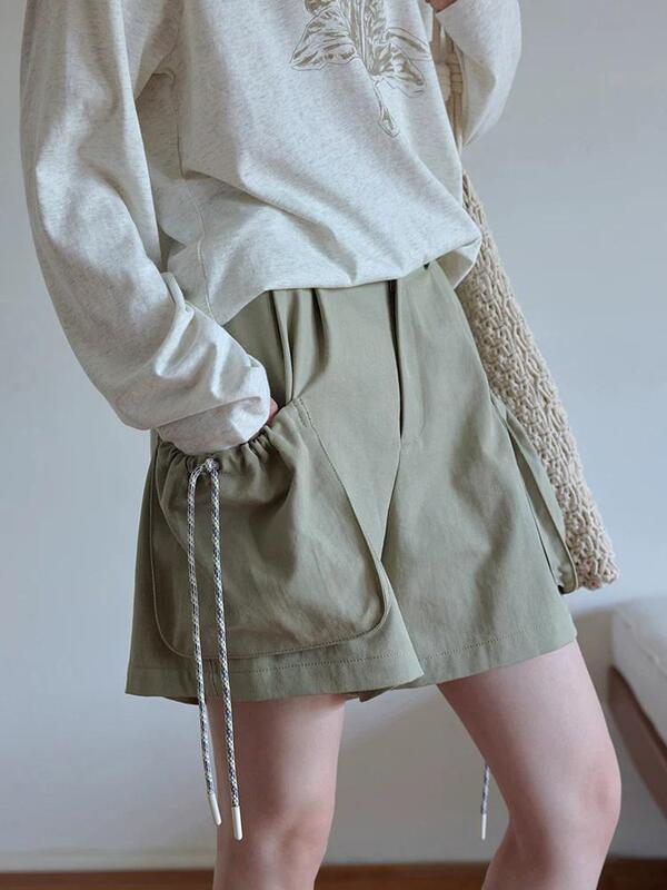 High-Waisted Drawstring Cargo Shorts, Slimming and Versatile, Lightweight for Summer, Plus-Size Drawstring Wide-Leg Pants, Casual Shorts, Solid Color