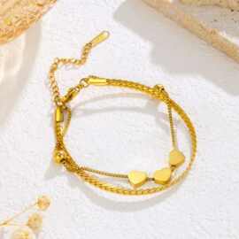 欧美跨境新款气质光面爱心简约18K金不锈钢钛钢手链双层手链女