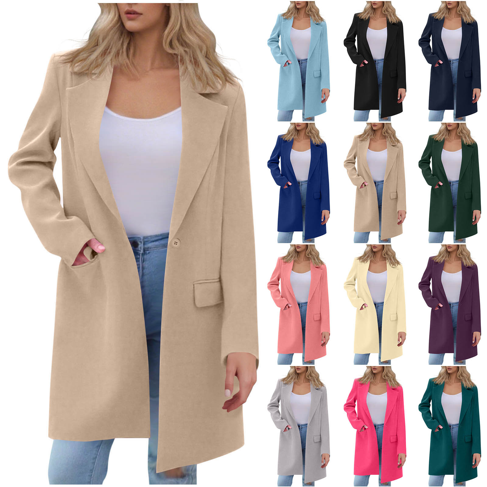 2025 Amazon Independent Station European and American Cross-Border Autumn New Long-Sleeve Solid Color Long Blazer Trench Coat for Women