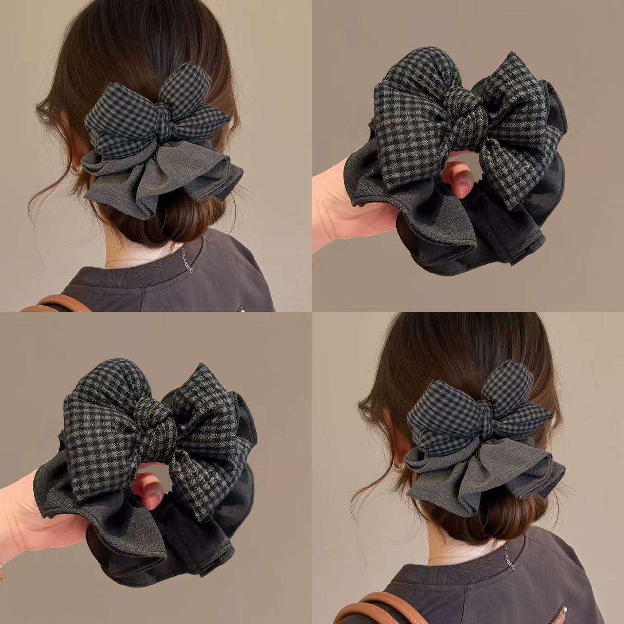 Chouchou à nœud papillon à carreaux noirs et gris pour femme, chouchou élastique haut de gamme tendance 2025._voghion.com