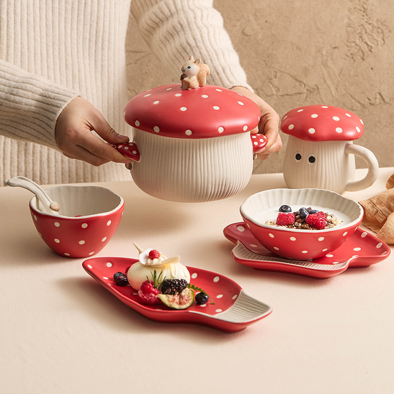 Ceramic Bowl and Plate Dinnerware Set 2026 New Model High Aesthetic Soup Bowl Dinner Plate Creative Fairy Tale Mushroom Bowl and Plate Tableware