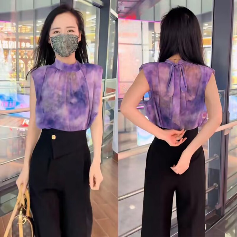 2026 Summer New Style Simple and Fashionable French-Style Tie-Dye Sleeveless Slimming Shirt Women's Versatile Top Blouse