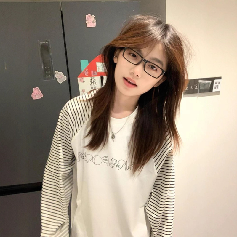 现货美式学院风条纹撞色长袖t恤女早秋季宽松慵懒百搭打底衫上衣|undefined