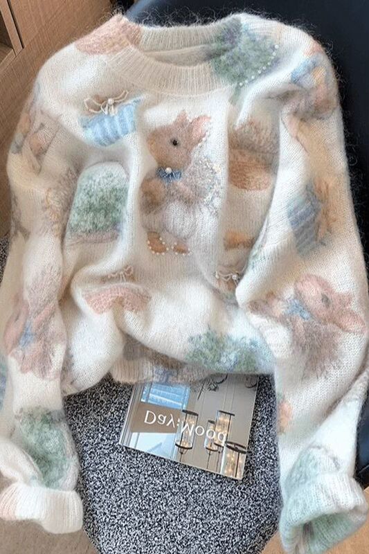 Cute Bunny Print Beaded Soft Waxy Knitwear for Women 2024 Autumn and Winter Sweet and Gentle Style Loose and Versatile Knitwear Cute Bunny Print Beaded Soft Waxy Knitwear for Women 2024 Autumn and Winter Sweet and Gentle Style Loose and Versatile Knitwear