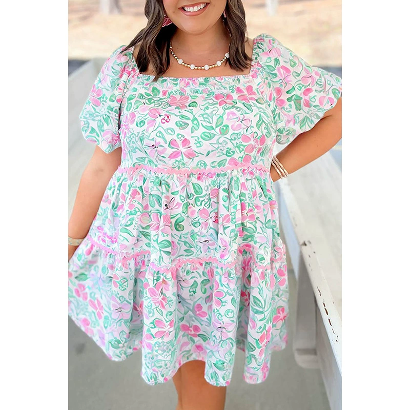 Летнее модное платье, мини-юбка, квадратный вырез, plus size, европейский стиль, свободный крой, высокая талия
