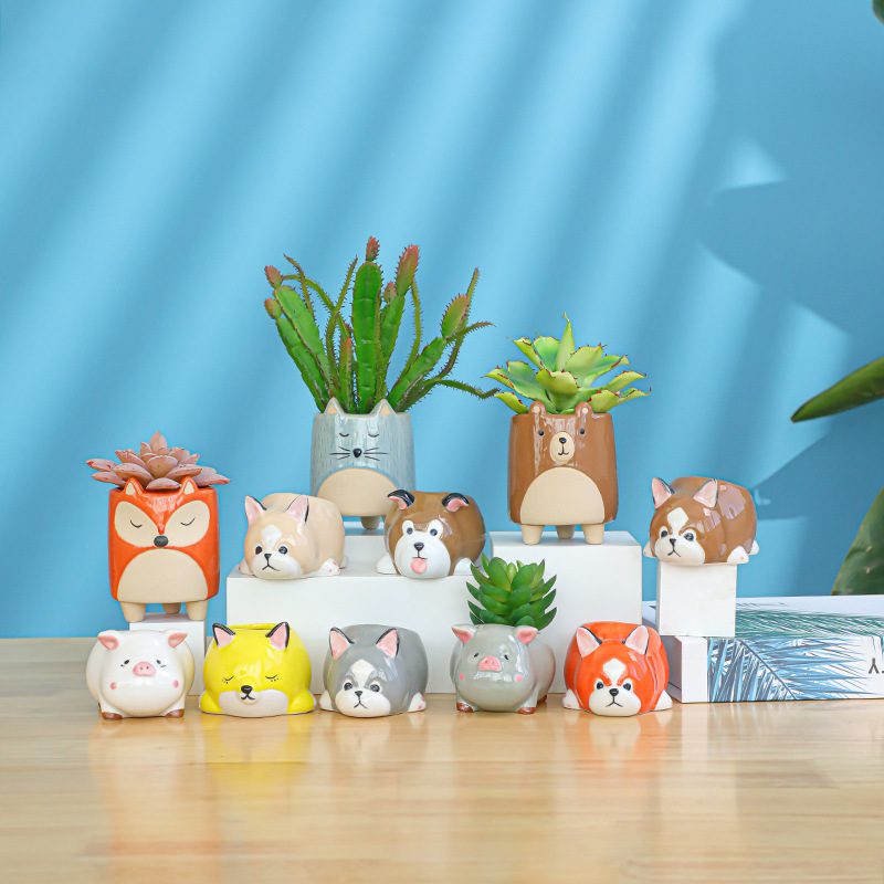 Succulent flower pot cartoon cute creative personality breathable stoneware animal ceramic office indoor size meat pot