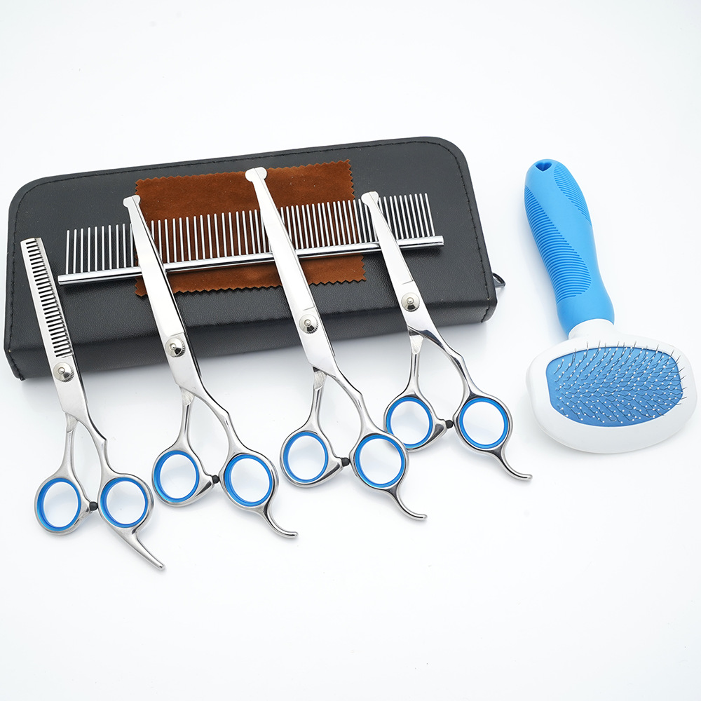 Tijeras de cuidado de mascotas al por mayor de fábrica, tijeras planas de corte de pelo de perro, tijeras de dientes finas, tijeras de colores, herramientas de corte de pelo de gato