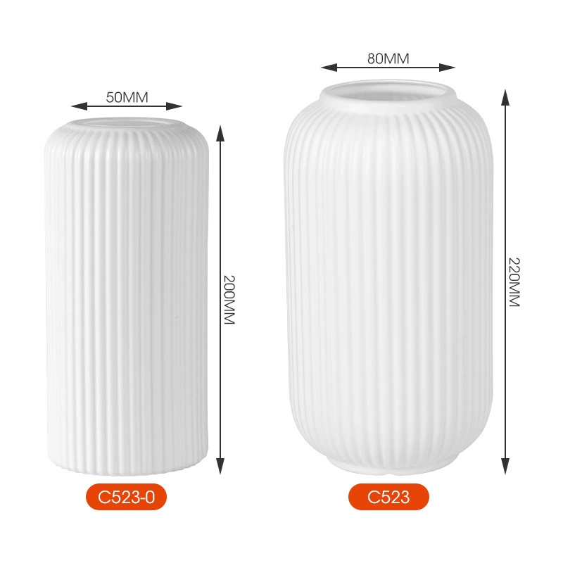 Lantern-style Plastic Vase, Imitation Ceramic White with Vertical Pattern — Hydroponic Flower Vase