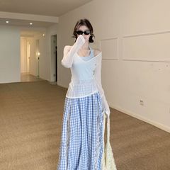 サマーブルー優しいスタイル長袖Tシャツ+ホルターベスト+レーススプライシングチェック柄スカートスリーピーススーツ女性用