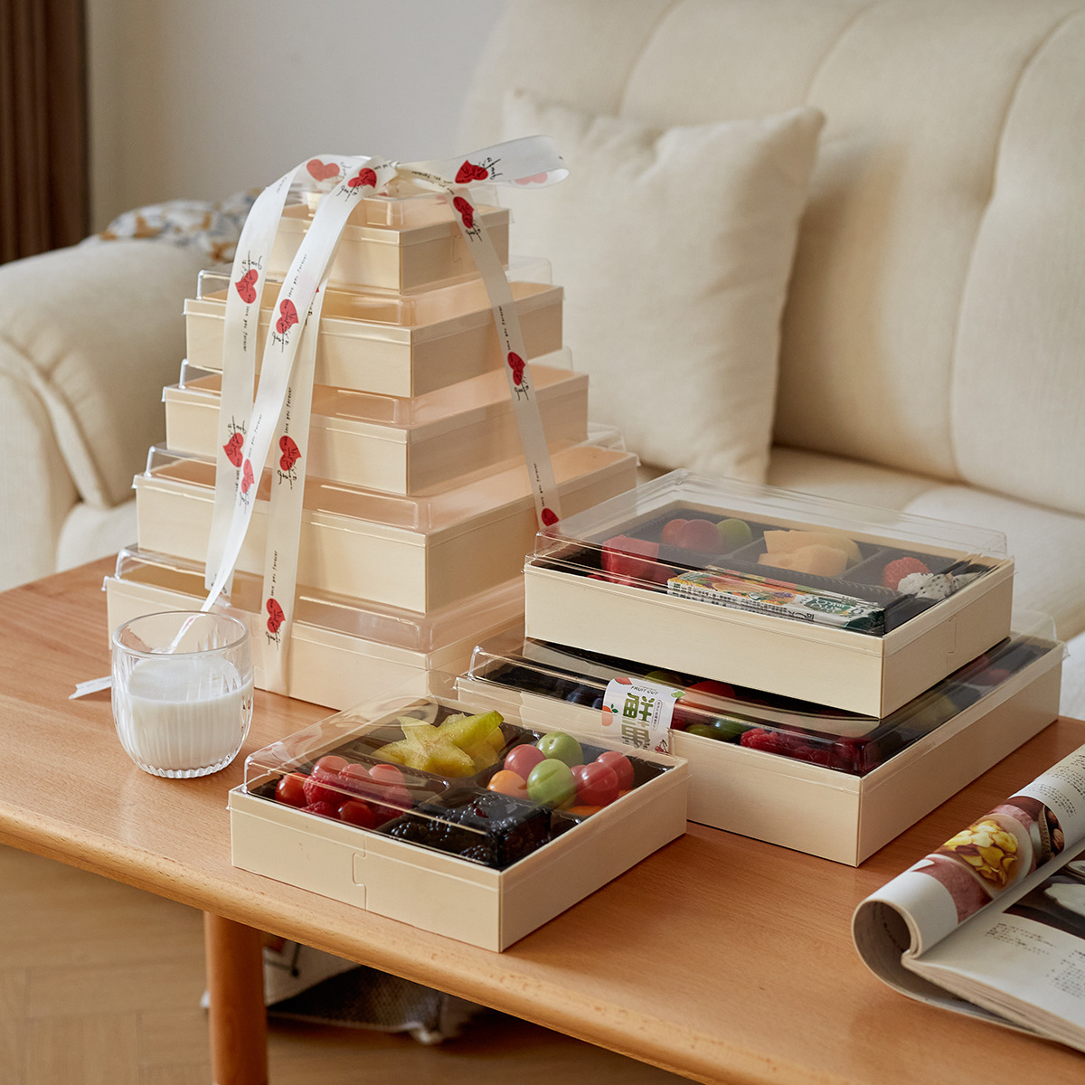 Caja de frutas cortadas de madera de Jiugongge, caja de frutas transparentes desechable, caja de conservación de frutas, caja de embalaje de grado alimenticio