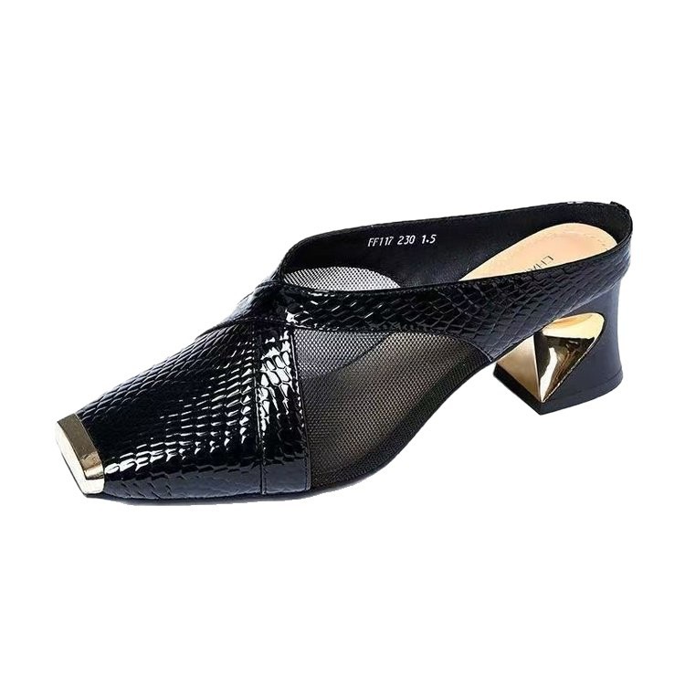 Baotou mitad zapatillas de mujer ropa exterior de metal cuadrada zapatillas de tacón grueso sandalias de tacón alto zapatos de malla mueller zapatos