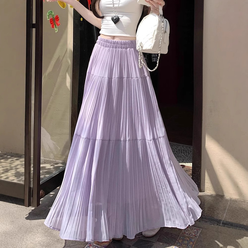 [Chiffon Fabric + Lined] Chiffon Skirt Women's Summer 2025 New Casual Pleated Swing Skirt Long