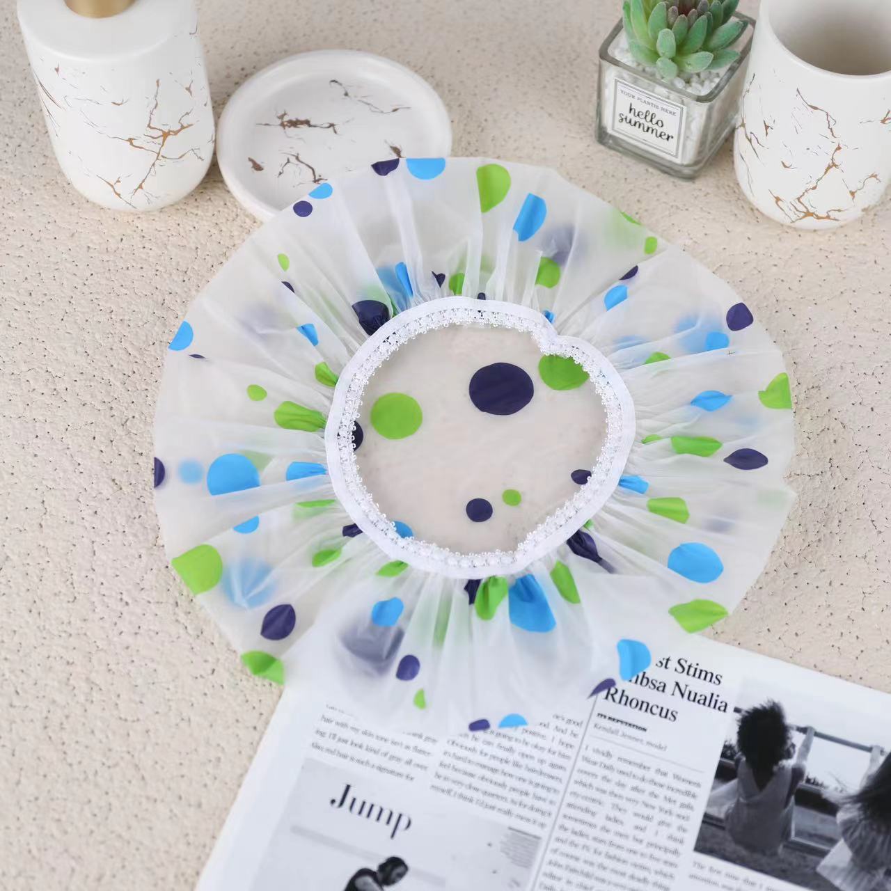 Capas de impresión de PE de una sola capa sombrero de baño más grosado sombrero de baño impermeable sombrero de pelo seco sombrero de ducha sombrero de máscara de pelo sombrero de pelo