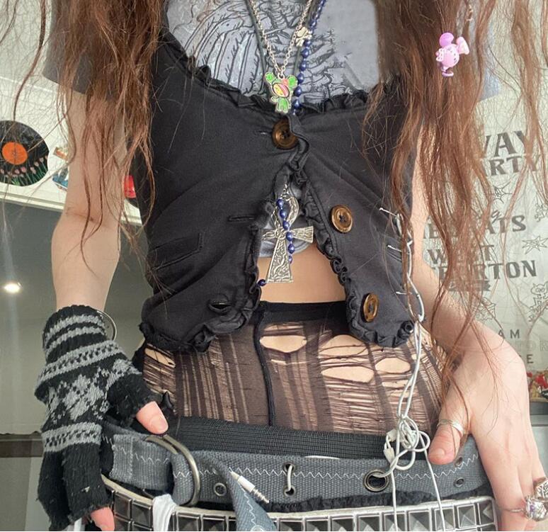2022 primavera europea y americana ropa de mujer Amazon ins online Red Hot Girl oreja de madera oscura Botón de color sólido chaleco moda femenina