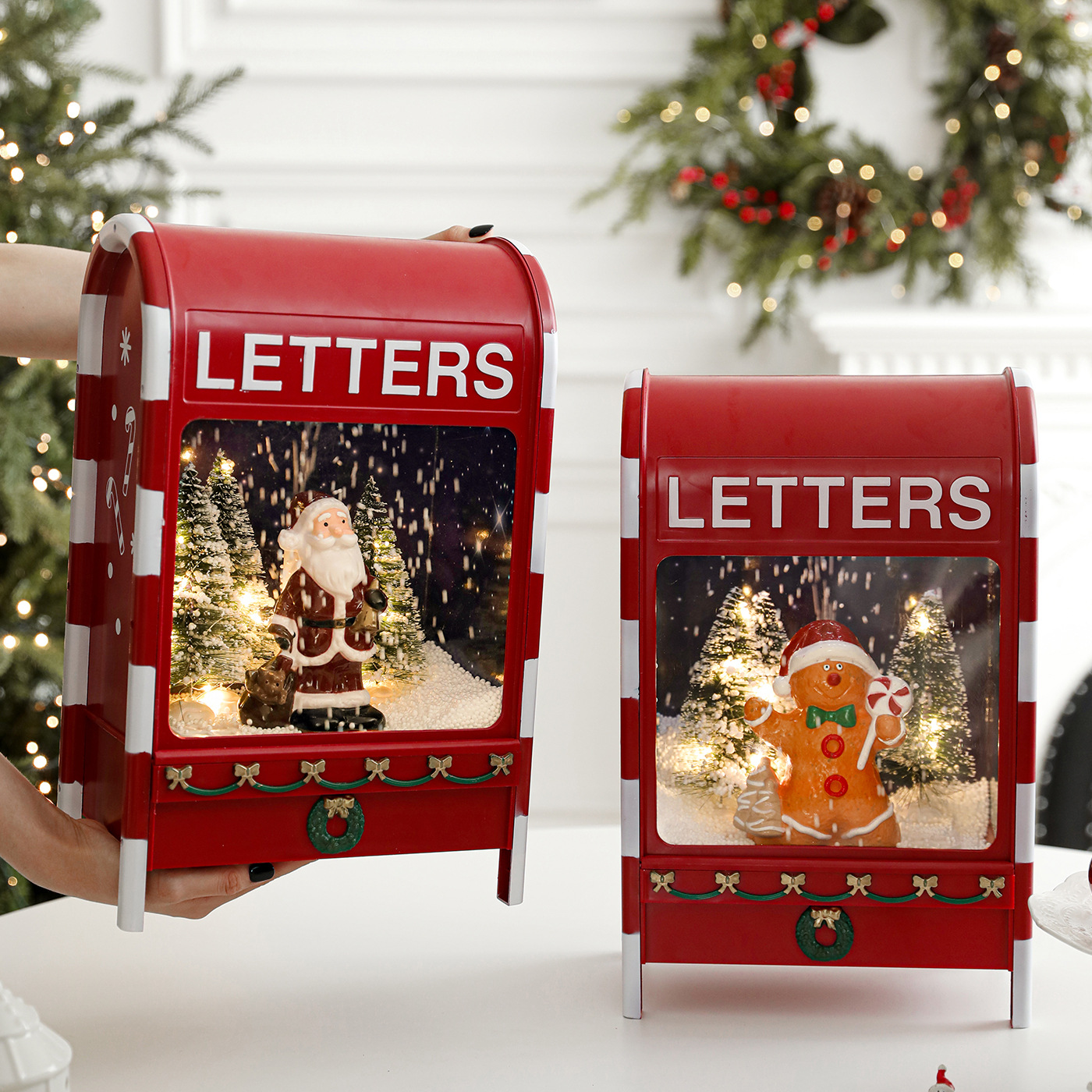 Caja de correo de Navidad transfronteriza de dibujos animados estadounidenses decoración de plástico Santa Claus decoración de música eléctrica nieve caja de correo de nieve