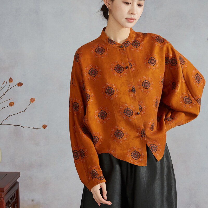 100% Mulberry Silk Red Cloud Yarn Fragrant Cloud Yarn Silk Lantern Sleeve Shirt Top for Women, New Chinese Style Stand Collar Loose Fit 100% Mulberry Silk Red Cloud Yarn Fragrant Cloud Yarn Silk Lantern Sleeve Shirt Top for Women, New Chinese Style Stand Collar Loose Fit